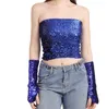 Womens Stage Wear Sparkly Paillettes Sirena Crop Top Senza spalline Metallic Stretch Tube Top Sexy Bling Party Clubwear Costume Canotte Minigonna