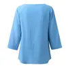 Kvinnor Casual Solid Color Cotton Blend Round Neck Three Quarter Sleeve Shirt Top Casual Loose Cotton Linen Blend Pullover Blue L220705