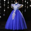 아랍어 2022 꽃 레이스 꽃 소녀 드레스 볼 가운 블루 아이 미끄러운 드레스 긴 기차 아름다운 작은 어린이 꽃걸이 드레스 형식
