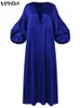 VONDA Summer Women Lantern Sleeve Dress Bohemian Vestidos Loose Solid V Neck Spring Party Sundress Satin Silk Robe Oversize 220527