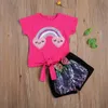 Baby Summer Clothing 2Pcs Outfit Kids Suit Set Sequins Rainbow Short Sleeve T Shirt Bow Shorts Girls Rose Red 2 7 Years 220705