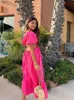 Sexig rygglös ihålig ut lång en linje klänning kvinnor mode spetsar puffhylsa maxi sommarstrandrockrosa rosa kvinna s klänning 220629