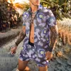 Chándales de los hombres Verano Hombres Conjuntos hawaianos Estampado de hojas Camisa de manga corta con botones Pantalones cortos de playa Vacaciones para hombre Traje de dos piezas Cárdigan de alta calidad