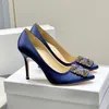 Najwyższa jakość Rhinestone klamra dekoracji niebieskie jedwabne czółenka buty ślubne szpilki kobiety luksusowi projektanci sukienka buta wieczór wesele na obcasie