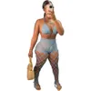 Handkrok med två stycken Summer Beach Outfits Women Sexig snörning Bh Top Hollow Out Fishnet Tassel Pants Vacation Suit