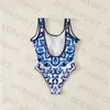 Blue Pattern Swimsuit Womens Bikini Metal Logo Swimwear For Women Summer Beach One Piece Swimsuits