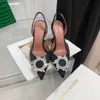 Amina Muaddi sandalias diseñador suela de cuero Tacones 10 cm negro rosa cadena de diamantes decoración banquete zapatos de mujer boda de seda sexy zapatillas formales con caja