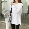 Jielur Autumn White Black Top Korean Appliques Split Cotton T-shirt Female Long Sleeve Casual Loose Basic Shirt S-XL 220402