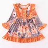 Girlymax Sister's Wear Fall/Winter Baby Girls Orange Floral Flower Ruffles Dress Knee Length Romper Milk Silk Kids Clothing