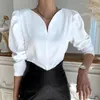 Слованная рукава Office Lady V-образным вырезом с длинным рукавом женская блузка весенние корейский шикарный вскользь женщина рубашки белые вершины Blusas Mujer 12899 220407