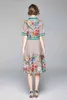 Letni Runway Vintage Print Collar Bow Tie Neck Krótki Rękaw Przycisk Front Kobiety Panie Casual Party Beach Stylowa A-Line Midi Dress