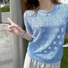 Högkvalitativ designer Blue Hollow Out Knit Tee Fashion Full Letter F Summer Womens T-shirt Kort ärm Tees