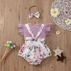 Citgeett Summer Sweet Baby Girls Outfit Solid Fly Sleeve Top Floral Printing Jarretelle Shorts Bow Headwear Clothing set J220711