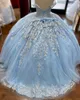 Bebek Mavi Dantel Tül Tatlı 16 Elbiseler Omuz Çiçek Aplike Tül Boncuklu Korse Back Vestidos De Quinceanera Ball Rephs284d