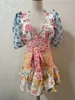 Retro France Short Puff Sleeve Floral Print Hit Color Dres Pleated Ruffle Tie Bow Sashes Mini Dresses Holiday 220516