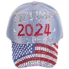 Berretto da baseball con bandiera americana a strisce di diamanti 2024 Trump Denim Cappello da sole con lettera