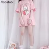 Yaz Japon Kadınlar Sevimli Lolita Pembe T-Shirt Kawaii Çilek Bunny Grafik Ruffles Kısa Kollu Kız Tavşan Tee Tshirt Tops 220408