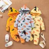 100% Cotton 2pcs Baby Rompers Clothing Sets Dinosaur Allover Hooded Long-sleeve Grey Kids Jumpsuits Clothes 1056 E3