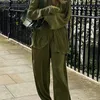 Clacia Eleganckie zielone spodnie Ustaw kobiety jesienne bluzki z długim rękawem pasujące szerokie spodnie Suit Surowe koszule Dwuczęściowe spodnie W220331