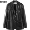 Nerazzurri Spring black reflective print leather blazer jacket for women long sleeve Soft faux leather blazer 210923