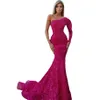 Sexy sequined Mermaid Evening Dresses With Beaded Crystals Long Sleeve Velvet Satin Party Occasion Gowns Pleats Ruffles Prom Dress Wears