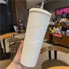 24 oz Personliga Starbucks muggar Tumbler Kaffevattenflaska Iriserande bling Rainbow Patted Cold Cup med halm 6073 Q2