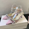 MachMach Satin Bow Bombas 6.5cm Cristal-Enfeites Strass Ankle Strap Slingbacks Saltos Sandálias Chinelo para Mulheres Luxurys Designers Dress Shoe