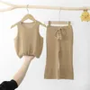 Meninas de madrugada de malha aberta de t-shirt colete de verão tricô calça solta moda crianças tanques de malha de algodão calça de perna larga forma fofa forma