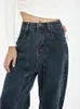 Jeans feminino azul escuro jeans de jeans alta vintage cal￧as de jeans saques retas de rua de rua 220824