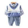 Primavera outono crianças meninos 3 pçs conjunto de roupas camisola colete algodão xadrez camisas calças jeans bebê meninos roupas terno