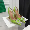 Amina Muaddi Womens Sandals Leather Sole Designer High Heels 10cm Diamond Chain Decoration Banquet Women Shoes FruitGreen Silk Weddingsexyフォーマルスリッパシューズ