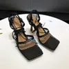 Sandals Women Mesh Square Toe Heels 9cm 2022 Summer Fishnet Strappy Sexy Stripper High Bride Luxury Shoe