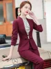 Kvinnors tvåbitar byxor Black Red 2 Set Women Solid Pant Suit Office Ladies Formal Business Work Career Wear V-Neck Blazer Jacket and Trouse