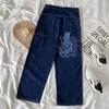 Americana Retro rua solta bordada em linha reta jean casual all-match high-cintura esfregando calças de perna larga 220330