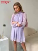 TTQV Mode Lâche Col Montant Femmes Robe D'été Élégant Violet À Manches Longues Mini Robe Casual Chic Bureau Robes Féminines T220804