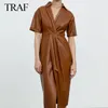 TRAF ZA Elegant Dresses For Women Pu Leather Female Dress Turndown Collar Short Sleeve Vintage Side Zipper Dresses Mujer 220527