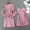 Женские спящие одеяние сексуальные женщины кимоно халат розовые невесты невесты свадебный халат комплект сплошной цвет вскользь домашняя одежда ночная одежда