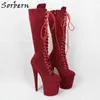 Sorbern Wino Czerwone Kobiety Buty Stripper Heel Mid Calf Boot Extreme High Heel 20 CM Grube Buty Platformy Rozmiar 11 Custom