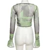 Y-L Vintage Print Mesh T-shirt Herfst Sexy See Through Zijsplit Skinny Flare Crop Top Met Lange Mouwen Y2K Casual Streetwear 220516