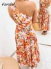 Foridol Een schouder mouwloze boho bloemenjurk maxi lange zomer elegante dames geprinte oranje a-line strandjurk Vestidos 220511