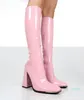 Women Knee High Boots Candy Color Platform Chunky Super Square Heels Ladies PU Leather Shoes Side Zipper Long Boot