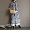 Vestidos casuais primavera e verão vestido feminino retro botão de disco batik estilo azul porcelana zen lose lodscar