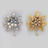 100PCS/Lot Fashion Zinc Alloy Maple Leaf Shape Brooches Gold Silver Plated Pearl Rhinestone Crystal Brooch Pin For Gift