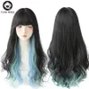 7JHH Blue Wavy Synthetic Wigs Long Omber Corche Hair With Bangs For Women Heat-Resistant African American Daily Wear Full Wigfactory direct