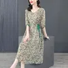 8628# YM New Summer Women Casual Dresses Round Collar Half Sleeve Printing & Belt Lacing Up Ladies Loose Fashion Dress M-XXXL