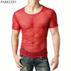 Röd sexig fisknät för män genomskinlig T-shirt Mode kortärmad Mesh Transparent T-shirt Herr Hip Hop Hipster Tee Shirt Homme 220516