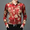 남성용 캐주얼 셔츠 남자 남성 남성용 가을 의류 패션 대형 크기 블라우스 꽃 인쇄 실크 스트레치 대형 의상 남편 빨간색