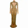 Kvällsfest konsertmodell catwalk klänningar banor klänningar se genom scen kostym guld strass kristaller mesh långärmad klänning kändis transparenta kläder