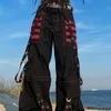 Rapcopter Bandage Chain Cargo Pants Low Waisted Baggy Pockets y2k Grunge Goth Black Trousers Sweatpants Punk Joggers Women 90s 220707