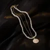 Collares pendientes Minar francés Retro perla de agua dulce para mujer doble capa Color dorado cabeza retrato moneda gargantilla collar regalo colgante
